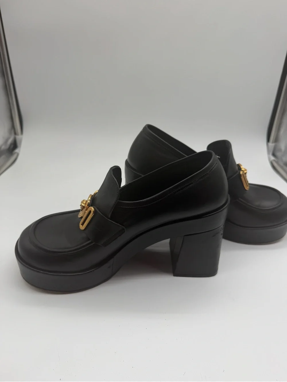 Versace Black Leather Platform Loafers with Gold Medallion Sz 38 EU